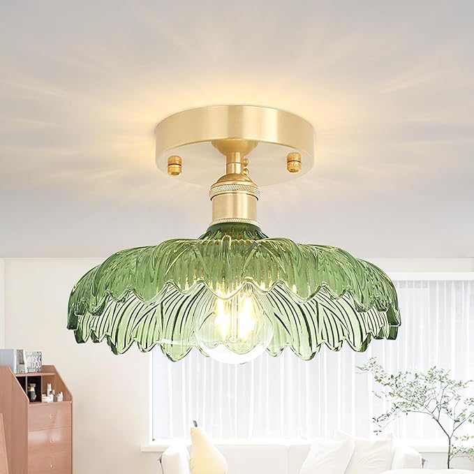 Shenmoyl Semi Flush Mount Vintage Lights Fixture with Green Flower Glass, Bulb Included, 4.72" Base Modern Ceiling Light for Porch, Corridor, Kitchen, Bedroom