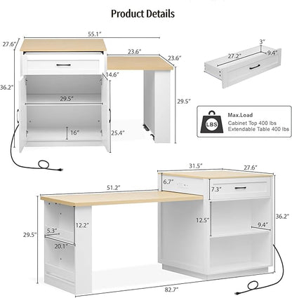82.7"-56" Kitchen Island with Extendable Dining Table, Faux Mable Kitchen Cart with Power Outlet, Double-Sized Storage, Rolling Kitchen Table with Storage 2 Drawers 2 Side Open Shelves, White
