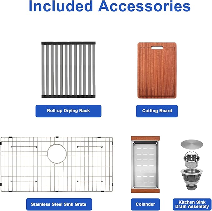 LQS 32 Inch Stainless Steel Kitchen Sink, Undermount 16 Gauge Stainless Steel Kitchen Sink, Single Bowl Kitchens Sinks with Sapele Wood Cutting Board For Family Kitchens, R10 Round Corner