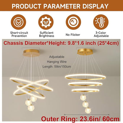 ORANOOR LED Modern 3 Ring Chandeliers for Dining Room, 24in Dimmable Kitchen Pendant Lamp, Gold Dining Room Light Fixtures Ceiling Hanging Over Table, Globe Round Chandeliers for Living Room Bedroom