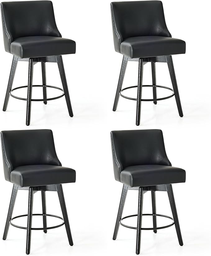 Counter Height Bar Stools Set of 4, Swivel Barstools with Backs and Wood Legs, Faux Leather Upholstered Counter Stools for Kitchend Island, Mid-Century Modern 26" Seat Height Bar Chairs, Black
