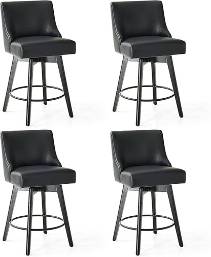 Counter Height Bar Stools Set of 4, Swivel Barstools with Backs and Wood Legs, Faux Leather Upholstered Counter Stools for Kitchend Island, Mid-Century Modern 26" Seat Height Bar Chairs, Black