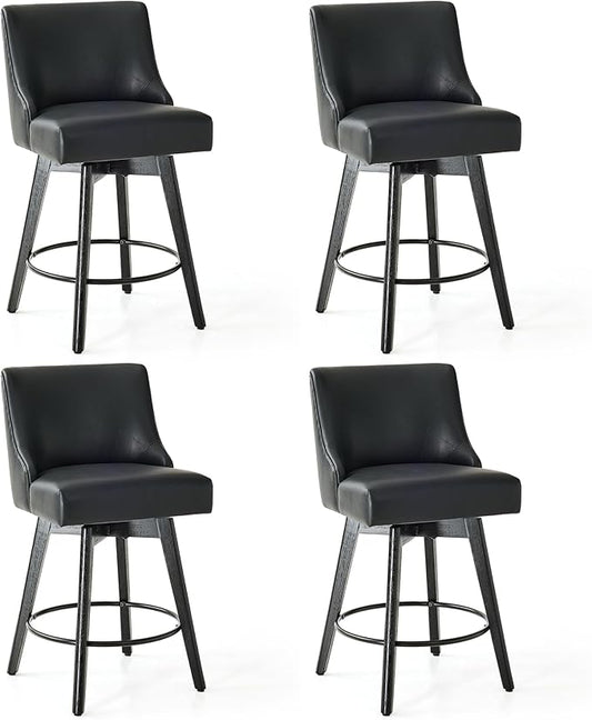 Counter Height Bar Stools Set of 4, Swivel Barstools with Backs and Wood Legs, Faux Leather Upholstered Counter Stools for Kitchend Island, Mid-Century Modern 26" Seat Height Bar Chairs, Black
