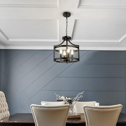 LynPon Black Farmhouse Chandelier 4 Lights, Modern Hanging Pendant Light Convertible Semi Flush Mount Ceiling Light Rustic Metal Round Cage Chandeliers for Dining Room Entryway Foyer Kitchen