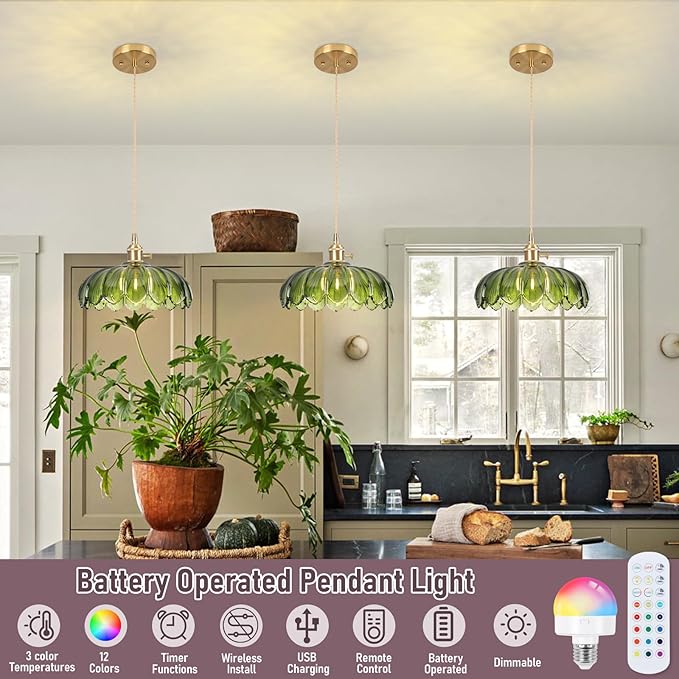 Battery Operated Pendant Light,Vintage Light Fixtures RGB Rechargeable Light Bulb 2500mAh 9.8in with Remote Control Wireless Adjustable Chandelier for Kitchen Island Hallway 1 Light