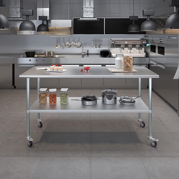 Stainless Steel Work Table with Wheels | NSF Kitchen Island Food Prep | Laundry Garage Utility Bench (Table + Wheels, 72" Long x 30" Deep)