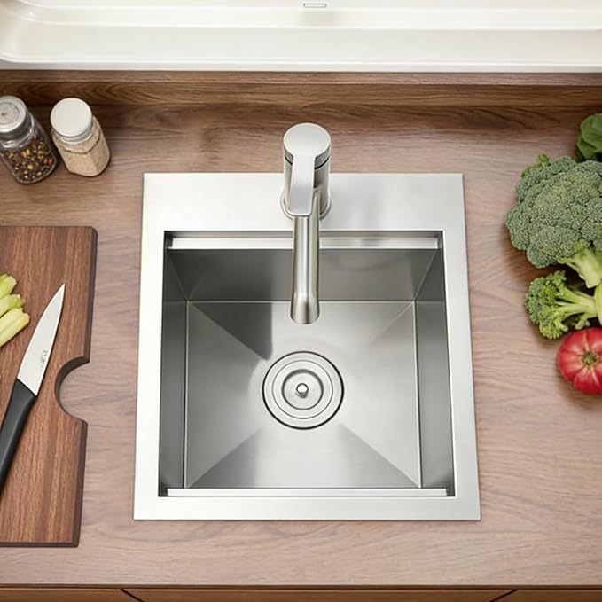 IKEBANA 15x15 Inch Bar Sink Drop in, Brushed Nickel Topmount Small Kitchen Sink, Single Bowl Handmade16 Guage T-304 Stainless Steel Workstation Kitchen Sinks, Outdoor RV Prep Wet Bar Sinks