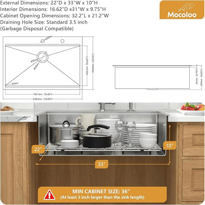 Mocoloo 33 x 22 Inch Drop In Kitchen Sink - 33 Inch Topmount Kitchen Sinks Stainless Steel 16 Gauge Single Bowl Top Mount Handmade Workstation Sink, 10'' Deep Basin Modern