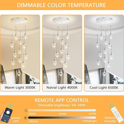 12 Light High Ceiling Crystal Chandelier Dimmable LED Pendant Lights with Remote Adjustable Chandeliers for Foyer Staircase Living Room Silver
