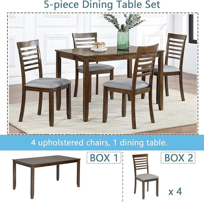 5-Piece Solid Wood Dining Table Set with 4 Upholstered Chairs, Rectangular Kitchen Table Set for 4, Modern Dining Room Table and Chairs Set of 4 for Kitchen and Dining, Walnut