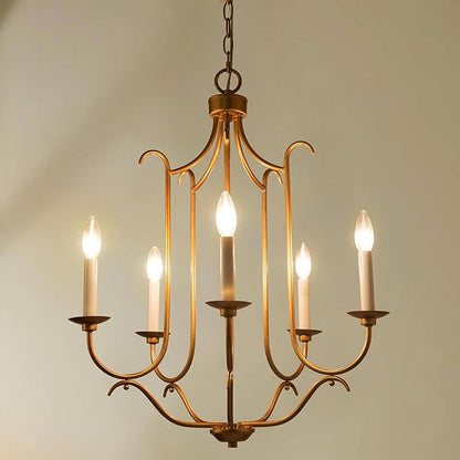 KSANA Gold Chandelier for Dining Room, 5 Light Modern Chandelier Light Fixtures with Candlestick 21" Adjustable Hanging Chandelier for Living Room Bedroom Hallway