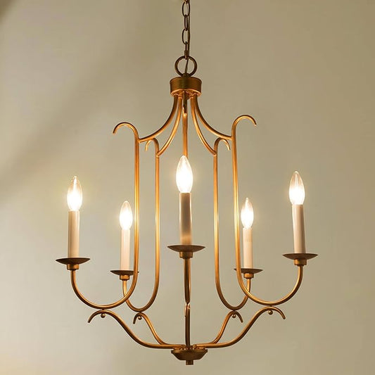 KSANA Gold Chandelier for Dining Room, 5 Light Modern Chandelier Light Fixtures with Candlestick 21" Adjustable Hanging Chandelier for Living Room Bedroom Hallway