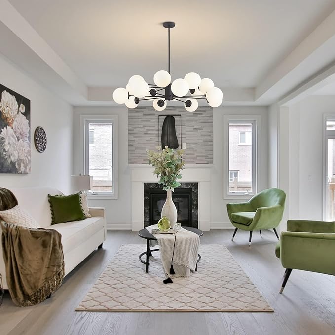 KCO Lighting Modern 16-Light Milk Glass Ball Chandelier Matte Black Globe Sputnik Chandelier Ceiling Mount Mid Century Modern Chandelier Kitchen Island Dining Room Light Fixture (Black+White)
