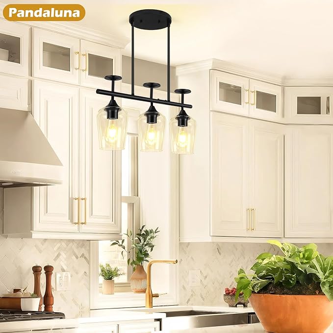3-Light Pendant Lights Kitchen Island Lighting Fixtures Black Linear Chandelier Dining Room Light Fixture Ceiling Hanging Modern Kitchen Chandeliers Over Table with Clear Glass Shades