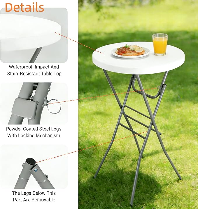Lakhow Cocktail Table 28in Folding Round High Top Indoor Outdoor with Removable Legs, Tall Bistro Foldable Bar Height Table for Parties, Patio, Backyard, Dining Room, Events, Black- 1PCS