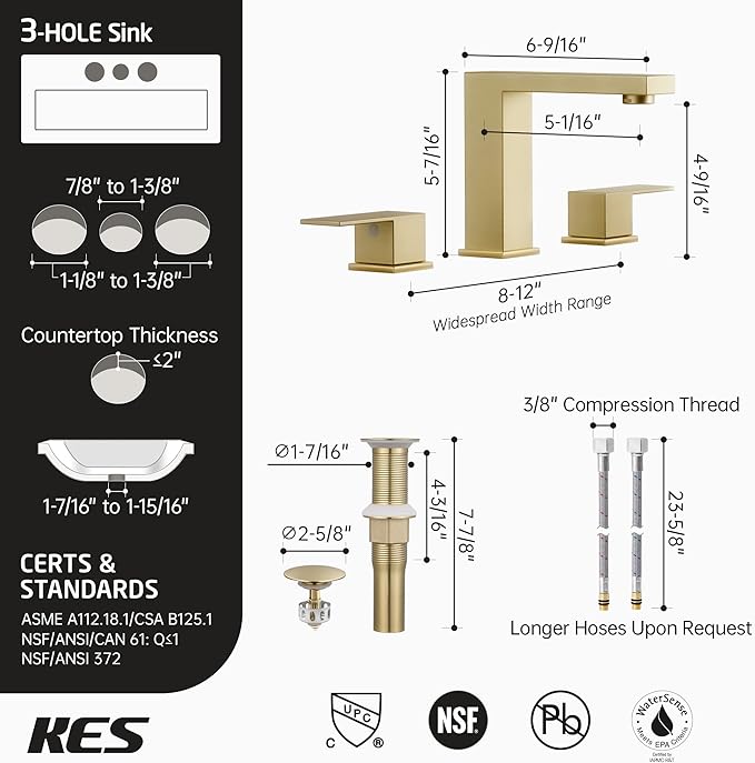 KES Gold Bathroom Faucet 3 Hole, 8-inch Widespread Brushed Gold Sink Faucet for Bathroom Vanity 2 Handle, with Metal Pop Up Drain No Overflow and cUPC Supply Line, L4350LFF12-BZ-C2