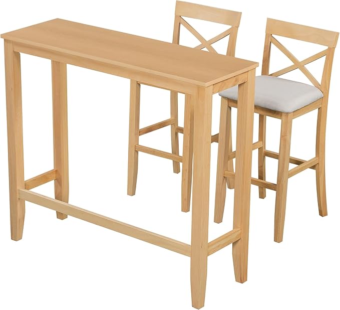 Farmhouse Bar Table Set of 3, Includes 48" Rectangular Wood Dining Table and 2 Bar Stools, Counter Height Kitchen Table Set for Small Spaces (Natural Color + Beige + Solid Wood + Foam)