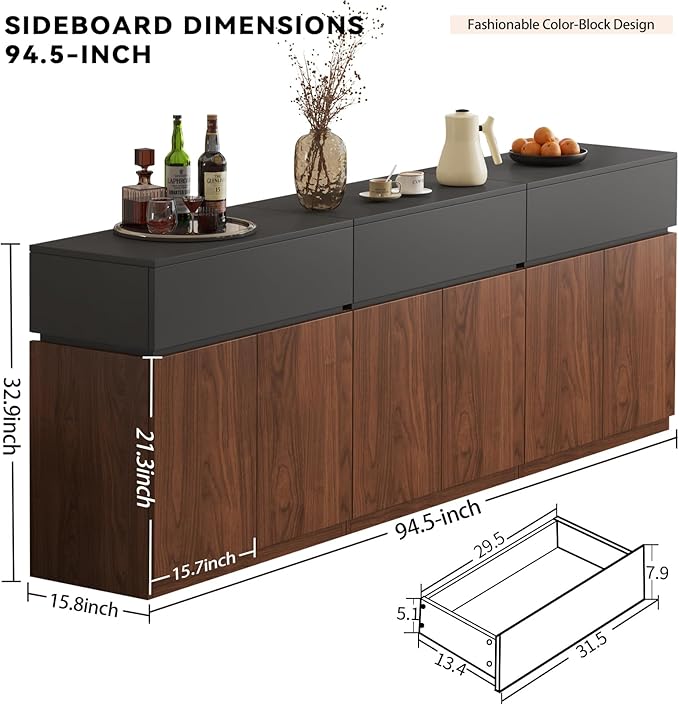 94.5"Buffet Cabinet with Drawer & Door, Console Table, Set of 3 Modular Stackable Sideboard Coffee Bar Cabinet with Adjustable Shelves, Matte Gray Walnut Storage Accent Credenza for Living Room