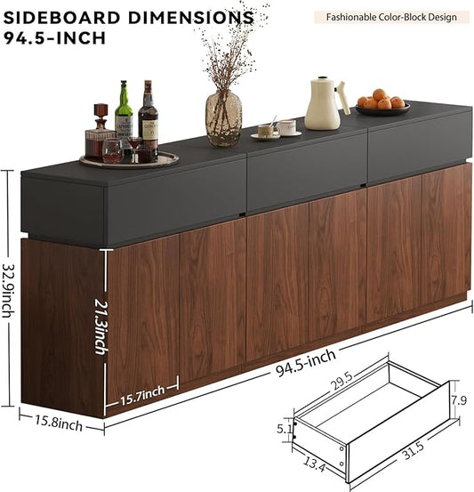 94.5"Buffet Cabinet with Drawer & Door, Console Table, Set of 3 Modular Stackable Sideboard Coffee Bar Cabinet with Adjustable Shelves, Matte Gray Walnut Storage Accent Credenza for Living Room