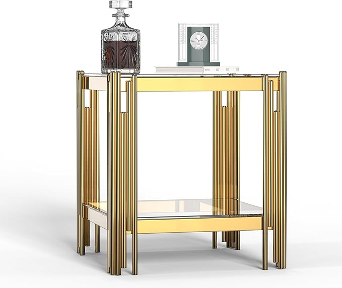 Henf Modern Glass Coffee Table Set with Storage Shlef 4 Piece Gold Living Room Tables Set Including Coffee Sofa End Tables Set,Stainless Steel Frame,Tempered Glass Top for Living Room Home Office