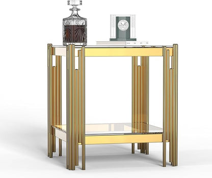 Henf Modern Glass Coffee Table Set with Storage Shlef 3 Piece Gold Living Room Tables Set Including Coffee End Tables Set,Stainless Steel Frame, Tempered Glass Top for Living Room Home Office