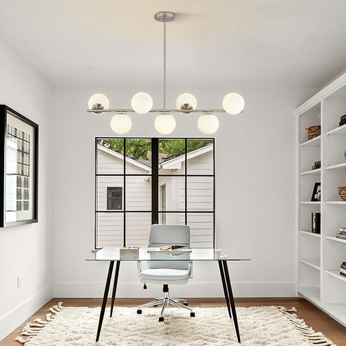 KCO Lighting Brushed Nickel Linear Chandelier White Milk Glass Chandelier Kitchen Linear Sputnik Pendant Light Mid Century Globe Pendant Light Fixture Modern Sliver Chandeliers Dining Room