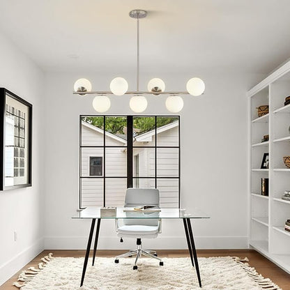 KCO Lighting Brushed Nickel Linear Chandelier White Milk Glass Chandelier Kitchen Linear Sputnik Pendant Light Mid Century Globe Pendant Light Fixture Modern Sliver Chandeliers Dining Room