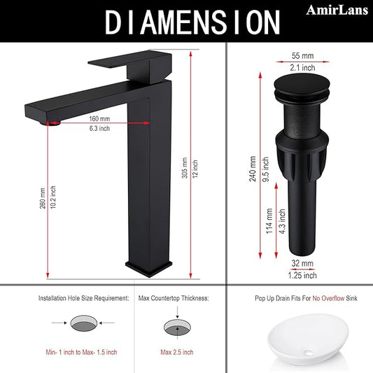 Matte Black Vessel Sink Faucet, Single Hole Tall Bathroom Faucet for Vessel Sink, Stainless Steel Black Matte Faucet with Pop Up Drain & Supply Hose, AML-11411-BK