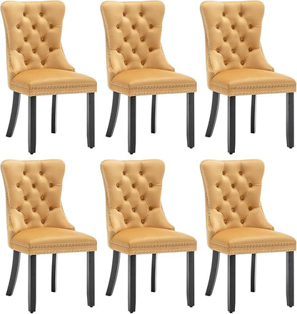 Eifizek Velvet Dining Chairs Set of 6, Tufted Dining Room Chairs with Nailhead Ring Pull Trim, Upholstered Dining Chairs with Solid Wood Legs for Kitchen Dining Room (Gold)