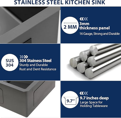 Lordear Double Bowl Black Kitchen Sink 16 Gauge Stainless Steel Undermount Kitchen Sinks Matte Gunmetal Black 50/50 Round Corner Sink 33x19x10 Inch