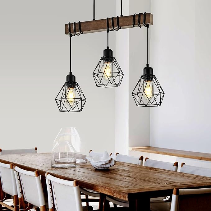 20'' 3-Light Kitchen Chandeliers Over Table, Farmhouse Black Dining Room Light Fixture, Linear Rustic Wood Ceiling Pendant Island Light Fixtures with Metal Lampshade, Height Adjustable by Power Cord