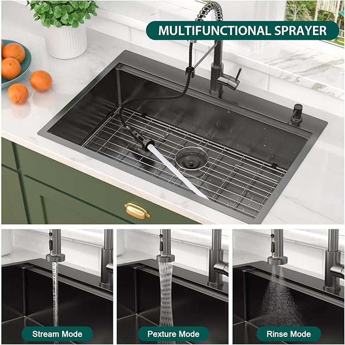 Drop In Kitchen Sink - 33x22 Drop In Gunmetal Black Kitchen Sink with Faucet Combo Workstation NANO-PVD 16 Gauge Stainless Steel Topmount Single Bowl Sinks Round Corners #TL-FDOE00097