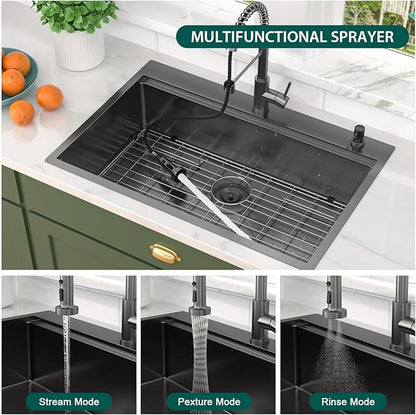 Drop In Kitchen Sink - 33x22 Drop In Gunmetal Black Kitchen Sink with Faucet Combo Workstation NANO-PVD 16 Gauge Stainless Steel Topmount Single Bowl Sinks Round Corners #TL-FDOE00097