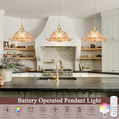 Battery Operated Pendant Light,Amber Chandelier RGB Light Bulb 2500mAh 11in Vintage Light Fixtures with Remote Control Wireless Adjustable Rechargeable Chandelier for Kitchen Island Hallway 1Light