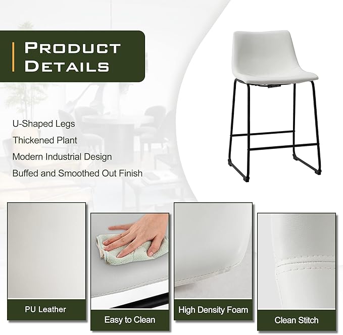 NicBex Retro Bar Stools Crazy-Horse Leather with Metal Legs Barstools, Lounge Kitchen Island Counter Stools, Set of 2, (White Color) (A-GE17020-USSU014)