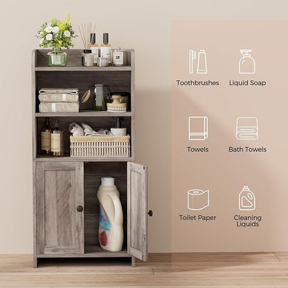 Homhedy Small Bathroom Storage Cabinet, Freestanding Toilet Paper Storage with 2 Doors and Shelves, Bathroom Organizers and Storage for Small Spaces, Laundry Room, 7.9" D x 14.6" W x 31" H, Greige