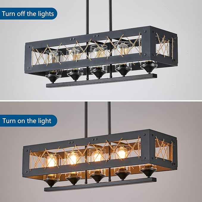 Black 5-Light Farmhouse Chandelier, Adjustable Rustic Kitchen Island Light Fixture for Dining Room and Kitchen Table