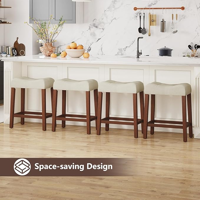 Giantex 24" Bar Stools Set of 4, Upholstered Counter Height Saddle Bar Stools with Footrest and Wood Legs, Farmhouse Button Tufted Backless Barstools for Kitchen Island, Dining Room, Cafe, Beige+Brown