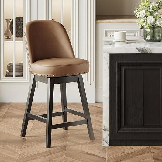 MALOL Swivel Bar Stool, PU Leather Mid Century Mondern Barstool, 26 inch Counter Height Bar Chair with Solid Back and Wood Legs, for Kitchen Island，Brown