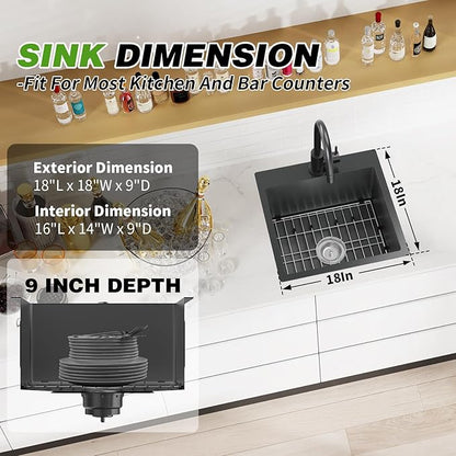 Black Kitchen And Bar Sink, 18x18 Inch Stainless Steel Drop In Modern Single Bowl Small Kitchen And Bar Sink Combo-SS Grid,Silicon Mat,Drain Strainer Set Compatibility With Modern&Classic Style