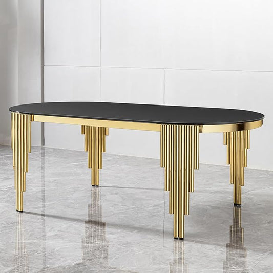 Luxury Modern 70" Oval Black Dining Table with Tempered Glass Top and Gold Stainless Steel Base – Elegant Dining Room Furniture