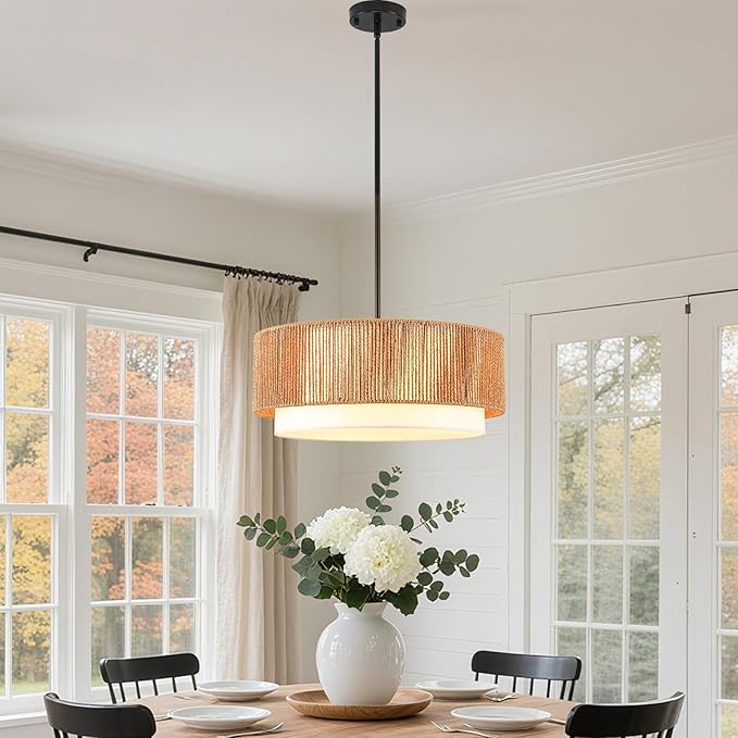 19" Boho Rattan Chandelier, Hand-Woven Wicker Drum Light Fixture for Dining Room with Fabric Shade, 3-Light Vintage Farmhouse Woven Rattan Pendant Light for Kitchen, Living Room, Foyer, Black Finish