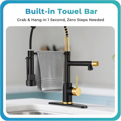 Kitchen Faucet with Pull Down Sprayer - Black & Brushed Gold Single Handle Commercial Kitchen Faucets, 2-Spout Kitchen Sink Faucet, Stainless Steel Spring Pull Out Sink Faucet 1/3 Hole