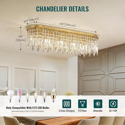 Siljoy Modern Crystal Chandelier 10 Lights Gold Rectangular Flush Mount Raindrop Crystal Chandelier Ceiling Light Fixture Oval for Dining Room Living Room Kitchen Island L40 Inch