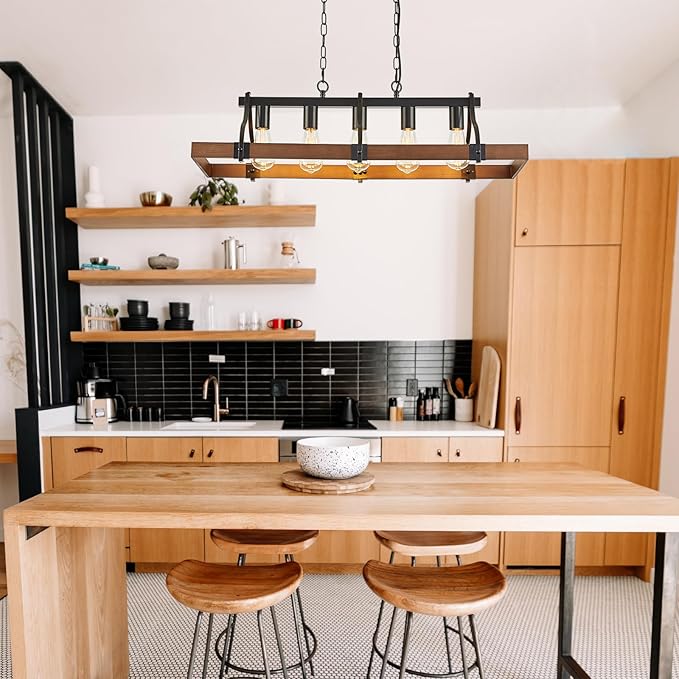 Farmhouse Chandeliers for Dining Room, 5-Light Rustic Kitchen Island Light Fixture, Wood Linear Industrial Black Rectangular Ceiling