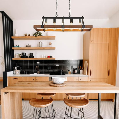 Farmhouse Chandeliers for Dining Room, 5-Light Rustic Kitchen Island Light Fixture, Wood Linear Industrial Black Rectangular Ceiling