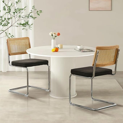 Rattan Back Linen Dining Chair Set of 2 Modern Stainless Chrome Base Armless Upholstered Side Chair for Dining Room, Kitchen Island,Black
