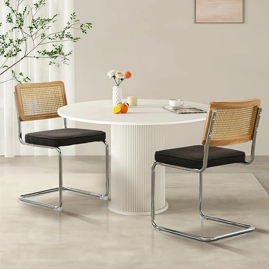 Rattan Back Linen Dining Chair Set of 2 Modern Stainless Chrome Base Armless Upholstered Side Chair for Dining Room, Kitchen Island,Black
