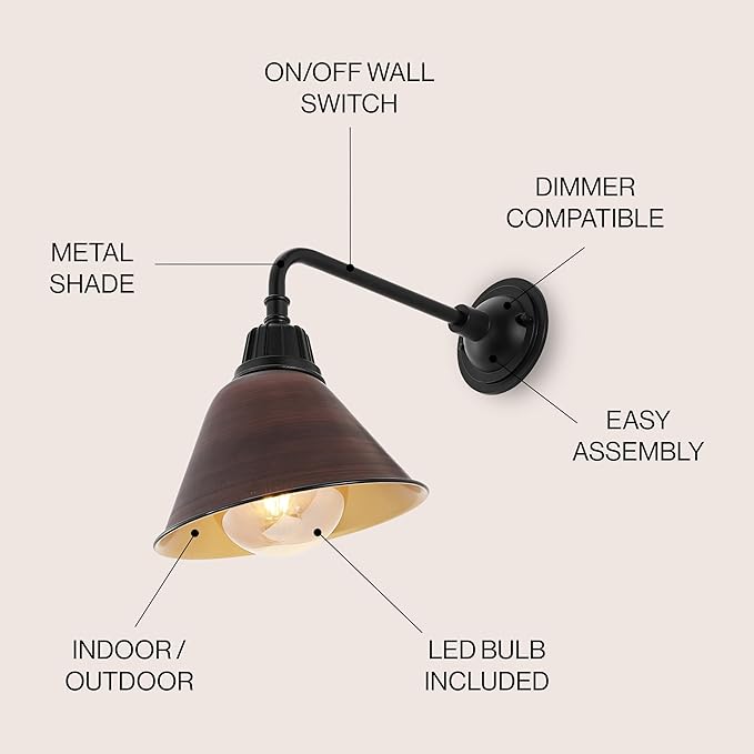 JONATHAN Y 9.63" 1-Light Wood Finish/Copper Farmhouse Outdoor Sconce, Industrial LED Wall Light, Gooseneck Arm Barn Lamp with Metal Bell Shade for Porch, Patio, Kitchen, LED Bulb Included (JYL7612G)