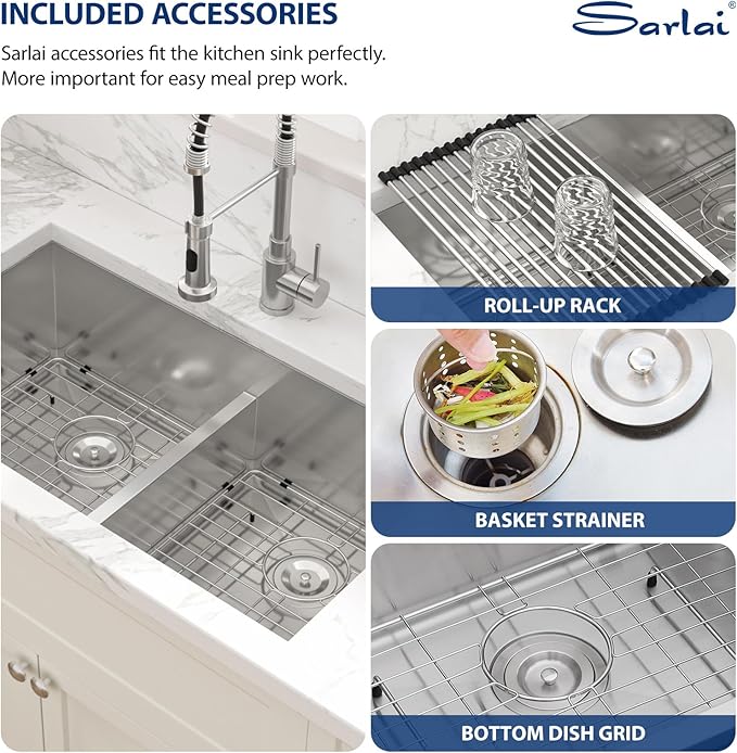 Sarlai Undermount Kitchen Sink - 36 Inch Kitchen Sink Double Bowl 50/50 Low Divide Undermount 36x19 Under-mount Sink Stainless Steel 16 Gauge Rectangular Kitchen Sinks Basin with Accessories